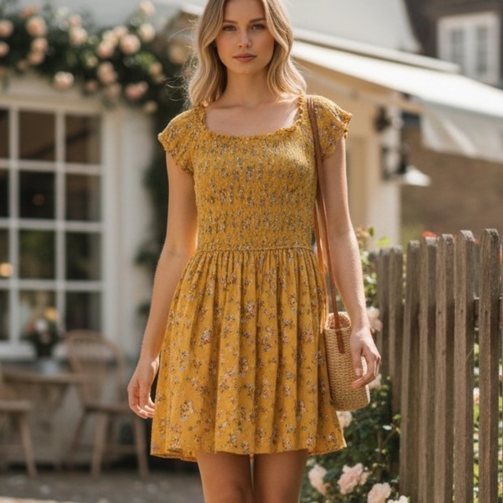 Hollister‎ Mustard Yellow Floral Smocked Mini Dress Cottagecore Boho Romantic L